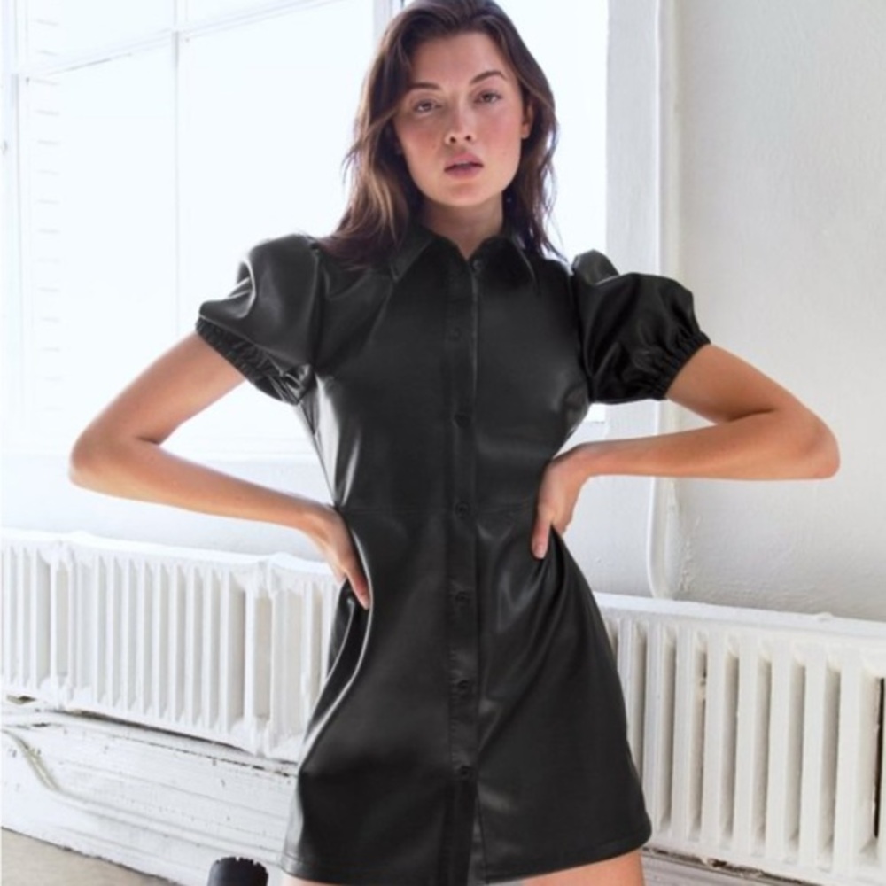 Sunday Best - Black Faux Leather Puff Sleeve Dress
